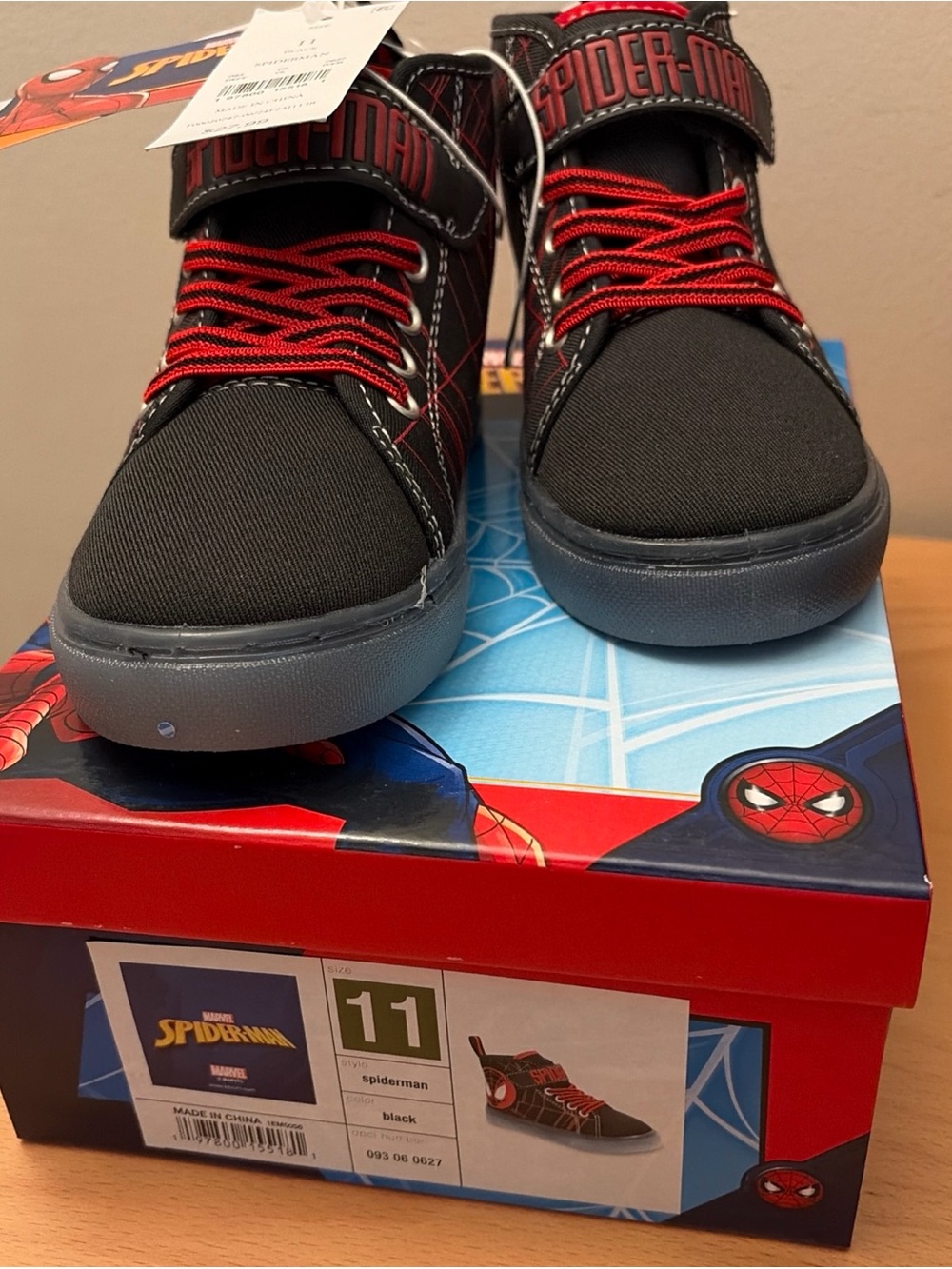 Spiderman Kids Black and Red High-Top Sneakers with Logo Strap